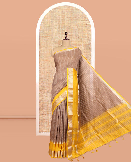Brown Assam Silk Saree, Showcasing Zari Checks, Complemented by Contrast Traditional Zari Border,  Zari Woven Pallu, and Contrast Blouse