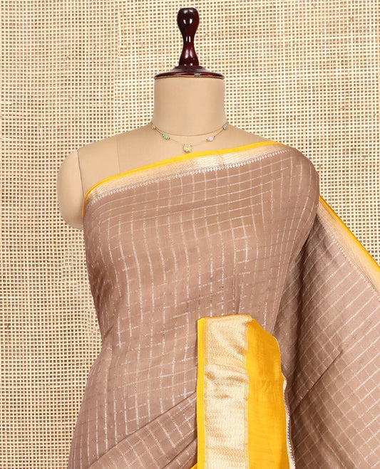 Brown Assam Silk Saree, Showcasing Zari Checks, Complemented by Contrast Traditional Zari Border,  Zari Woven Pallu, and Contrast Blouse