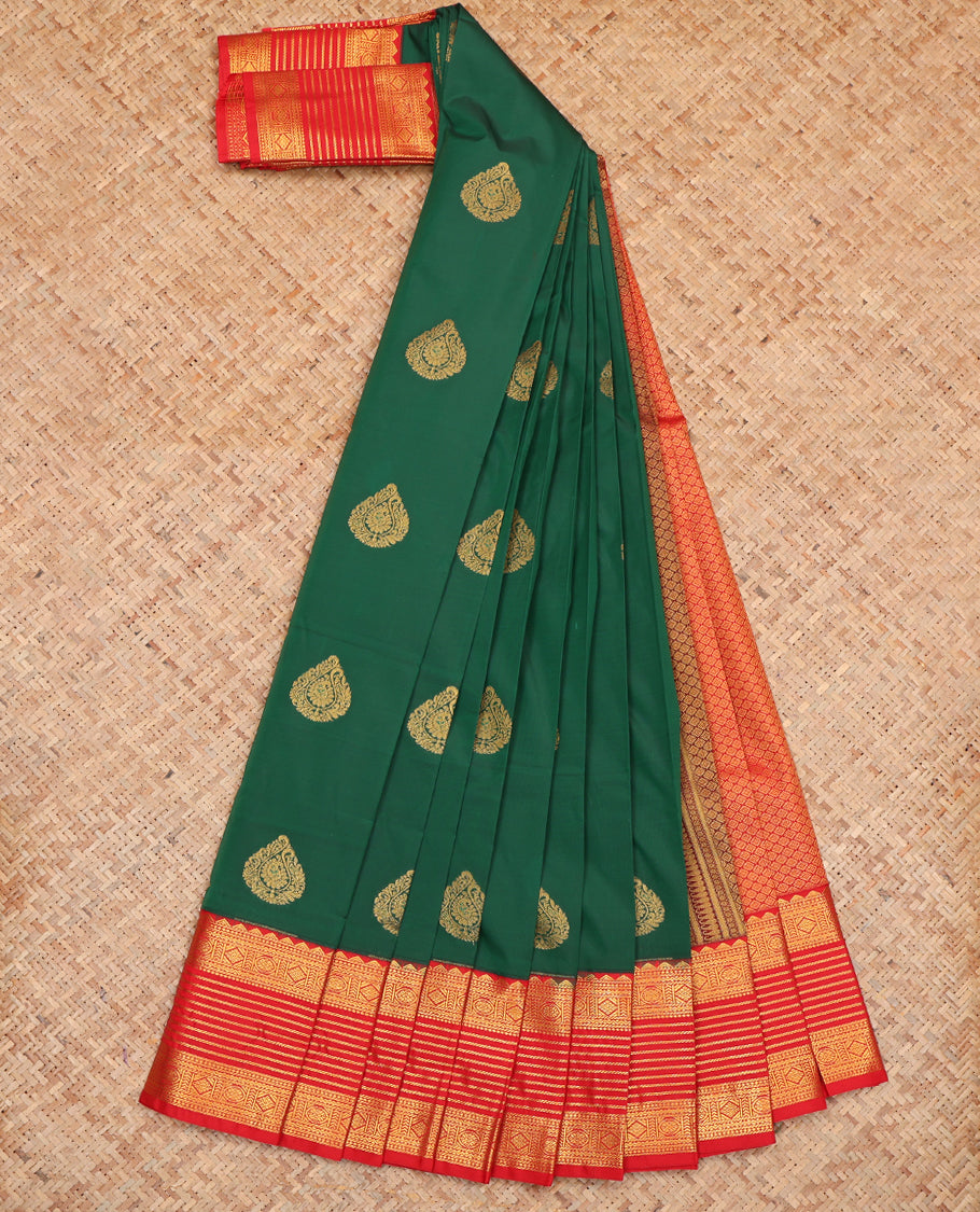 Green Budget Silk Saree, Bedecked with Zari Buttas, Complemented by a Contrast Traditional Zari Border, Grand Pallu, and Contrast Blouse