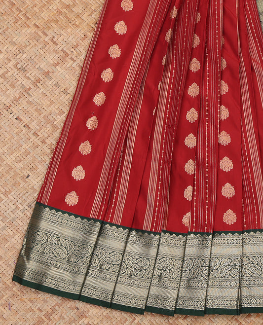 Red Budget Silk Saree, Styled with Zari Buttas and Stripes, a Contrast Traditional Zari Border, Grand Pallu, and a Contrast Blouse