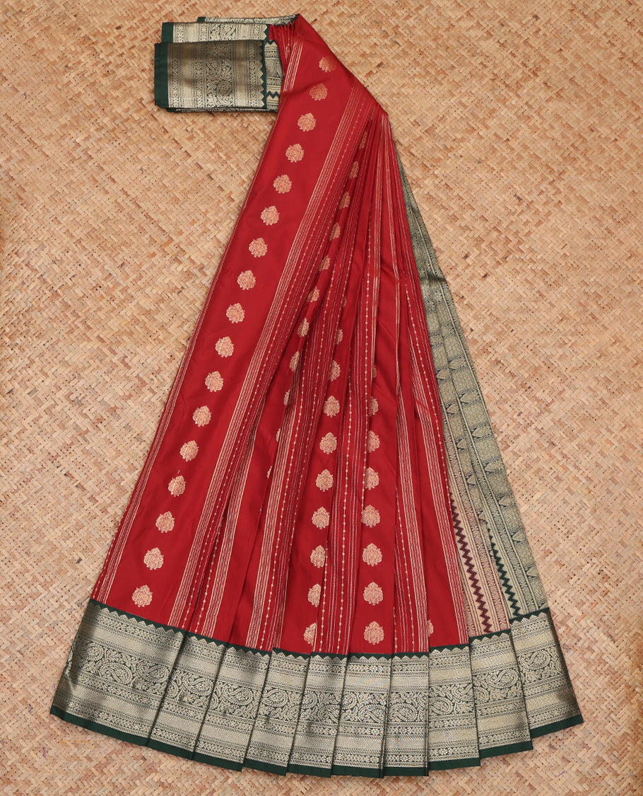 Red Budget Silk Saree, Styled with Zari Buttas and Stripes, a Contrast Traditional Zari Border, Grand Pallu, and a Contrast Blouse