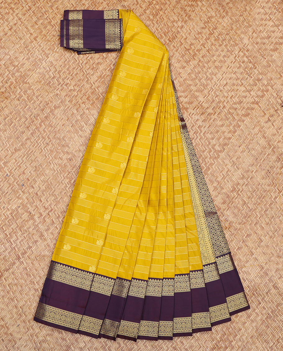 Yellow Budget Silk Saree, Subtly Sparkled with Peacock Buttas and Stripes, a Contrast Traditional Zari Rettai Pettu Border, Grand Pallu, and a Contrast Blouse