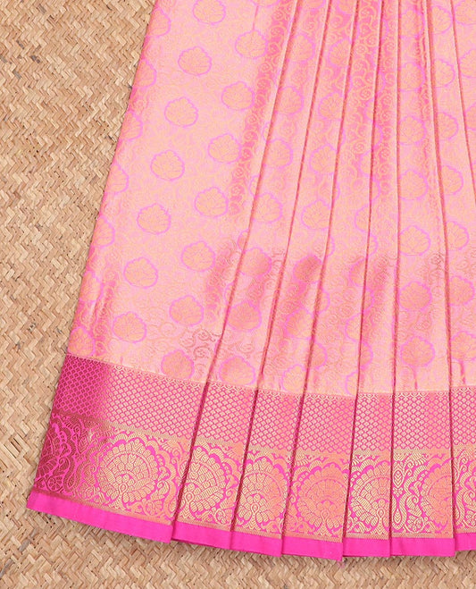 Pink jacquard gift saree, contrast traditional zari border, and intricate zari design weave pallu