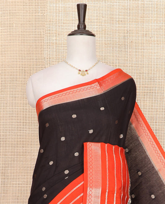 Black floral buttas Assam silk saree, contrast traditional zari design border, and pallu of zari stripes