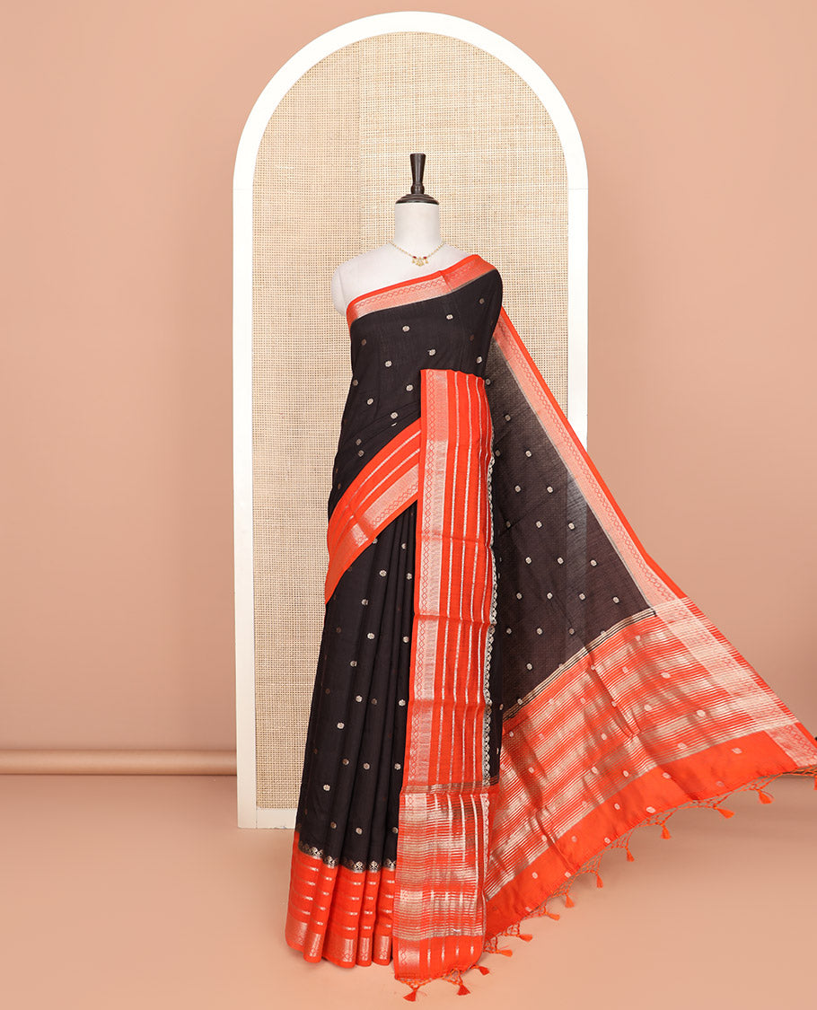 Black floral buttas Assam silk saree, contrast traditional zari design border, and pallu of zari stripes