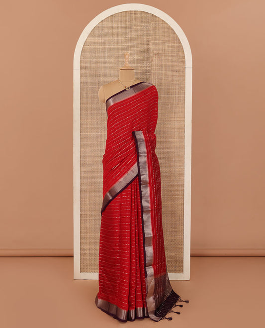Apple red horizontal striped Assam cotton saree, contrast traditional zari border, and zari striped pallu