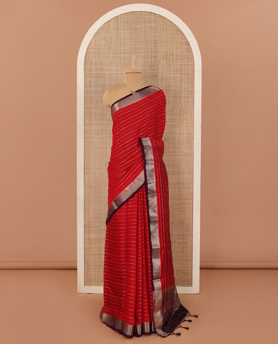 Apple red horizontal striped Assam silk saree, contrast traditional zari border, and zari striped pallu