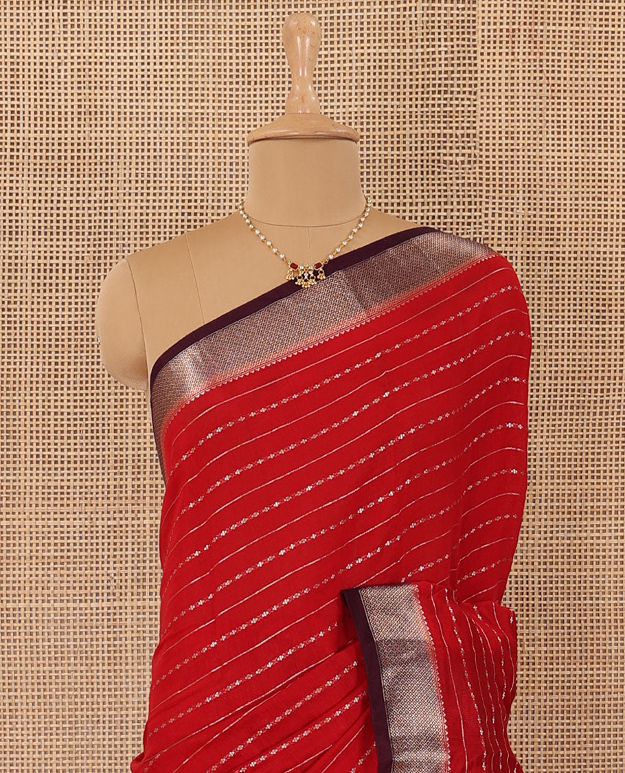 Apple red horizontal striped Assam silk saree, contrast traditional zari border, and zari striped pallu