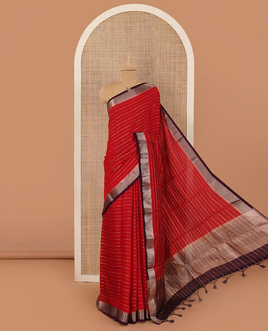 Apple red horizontal striped Assam cotton saree, contrast traditional zari border, and zari striped pallu
