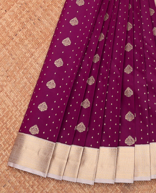 Purple Budget Silk Saree, Decked Up with Zari Buttas, Complemented by a Contrast Traditional Zari Border, Grand Pallu, and Contrast Blouse