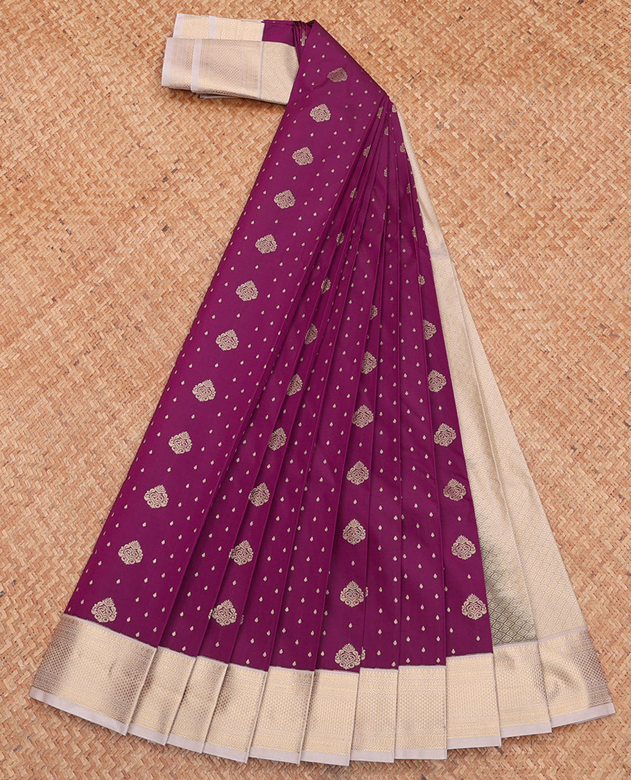Purple Budget Silk Saree, Decked Up with Zari Buttas, Complemented by a Contrast Traditional Zari Border, Grand Pallu, and Contrast Blouse