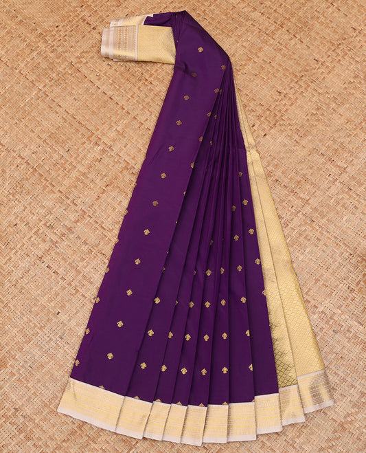 Purple Budget Silk Saree Artfully Detailed with Zari Buttas, Highlighted with a Contrast Traditional Zari Design Border, Pallu Featuring Jaal Design, and Paired with a Contrast Blouse