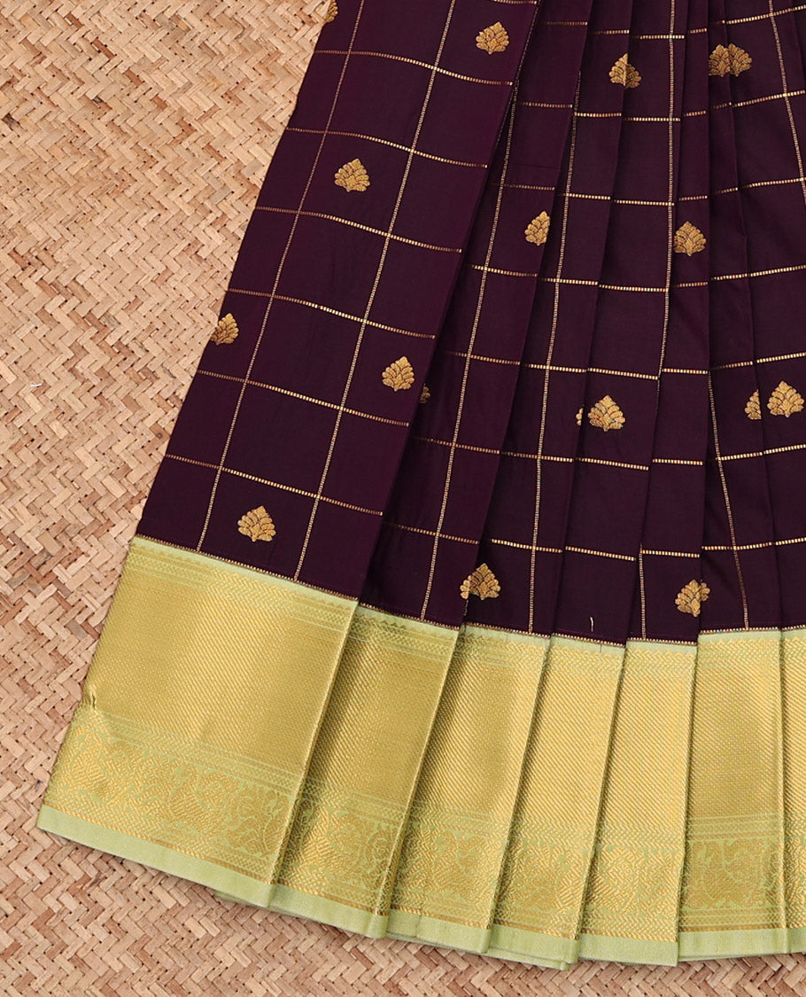 Dark Purple Budget Silk Saree, Embellished with Zari Butta Enclosed Checks All Over Its Body, Complemented by a Contrast Traditional Zari Border of Peacocks, Subtly Sparkled Pallu, and Paired with a Contrast Blouse
