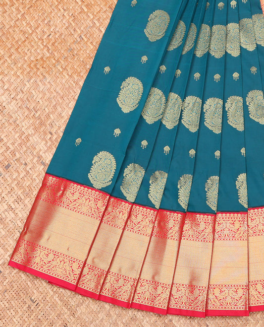 Blue Budget Silk Saree, Gleamed Up with Zari Buttas on Its Body, Complemented by a Contrast Traditional Zari Design Border, Grand Jaal Pallu, and Paired with a Contrast Blouse