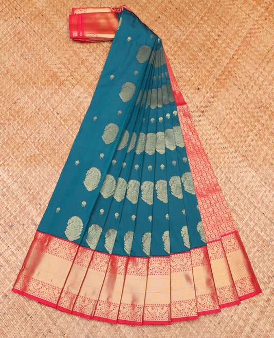 Blue Budget Silk Saree, Gleamed Up with Zari Buttas on Its Body, Complemented by a Contrast Traditional Zari Design Border, Grand Jaal Pallu, and Paired with a Contrast Blouse