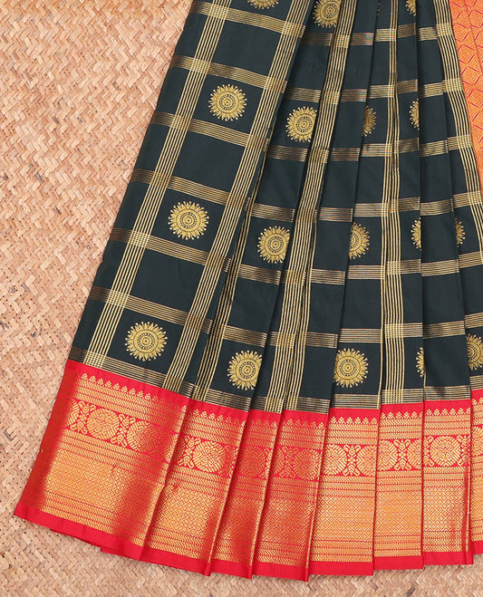 Black Budget Silk Saree, Decorated with Zari Butta Enclosed Checks on Its Body, Complemented by a Contrast Traditional Zari Design Border, Grand Jaal Pallu, and Paired with a Contrast Blouse