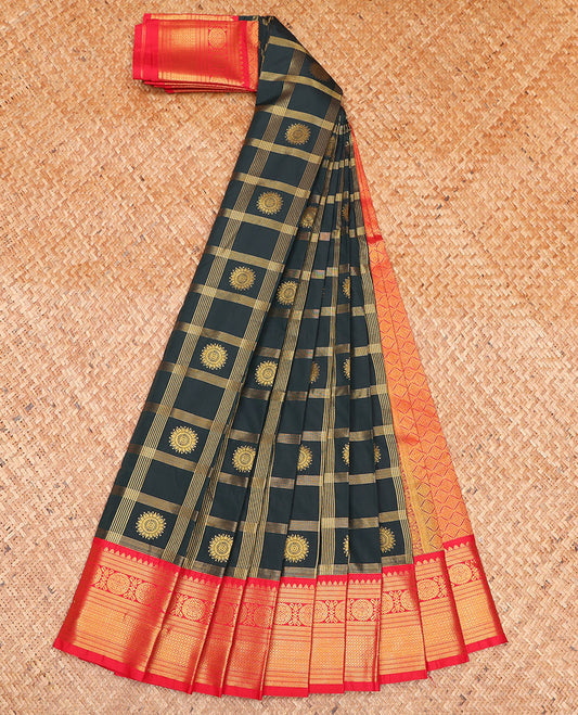 Black Budget Silk Saree, Decorated with Zari Butta Enclosed Checks on Its Body, Complemented by a Contrast Traditional Zari Design Border, Grand Jaal Pallu, and Paired with a Contrast Blouse