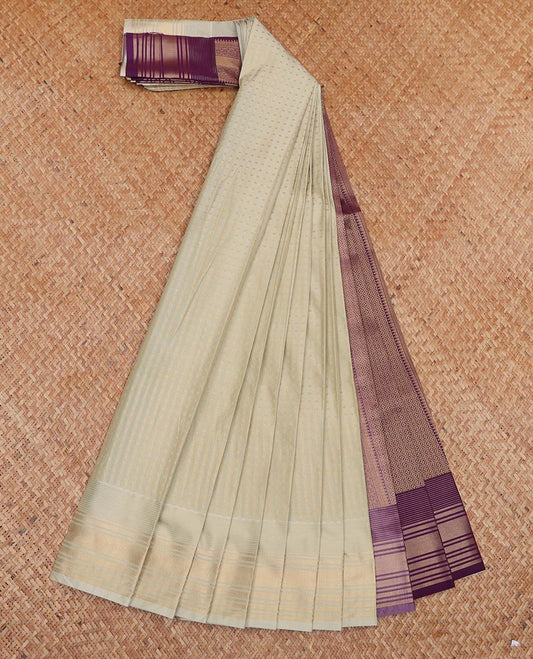 Pale Green Budget Silk Saree, Subtly Woven with Buttas All Over Its Body, Highlighted by Zari Border, Contrast Grand Pallu and Paired with a Contrast Blouse