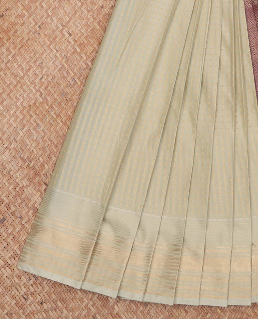 Pale Green Budget Silk Saree, Subtly Woven with Buttas All Over Its Body, Highlighted by Zari Border, Contrast Grand Pallu and Paired with a Contrast Blouse