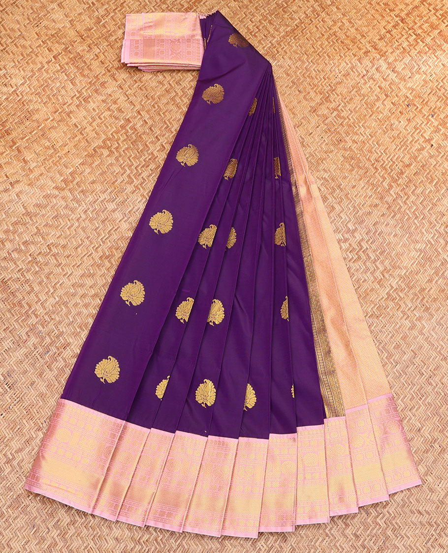 Violet Budget Silk Saree, Detailed with Zari Buttas, Contrast Traditional Zari Border, Grand Pallu, and a Contrast Blouse