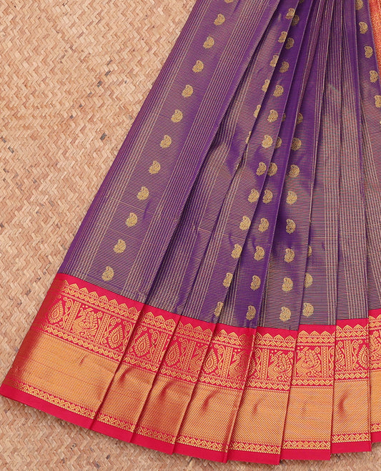 Violet Budget Silk Saree, Elevated with Zari Buttas and Stripes, Complemented by a Contrast Traditional Zari Border, Grand Pallu, and a Contrast Blouse