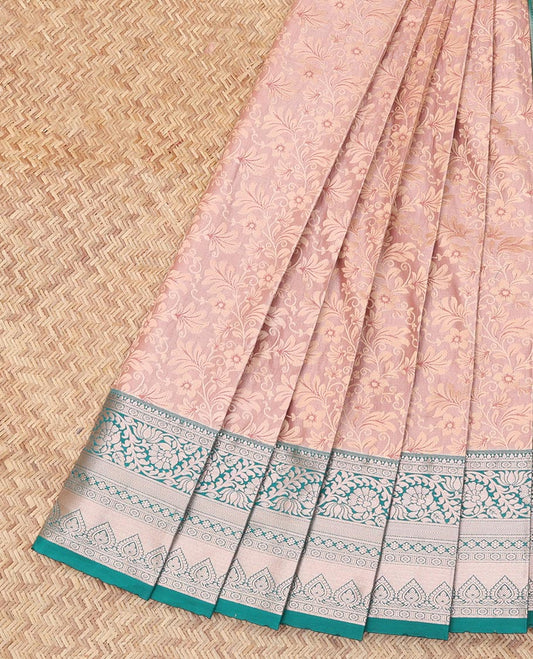 Pale Pink Budget Silk Saree, Enriched with Zari Buttas, Complemented by Contrast Traditional Zari Border, a Grand Jaal Pallu and a Contrast Blouse