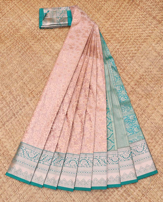 Pale Pink Budget Silk Saree, Enriched with Zari Buttas, Complemented by Contrast Traditional Zari Border, a Grand Jaal Pallu and a Contrast Blouse
