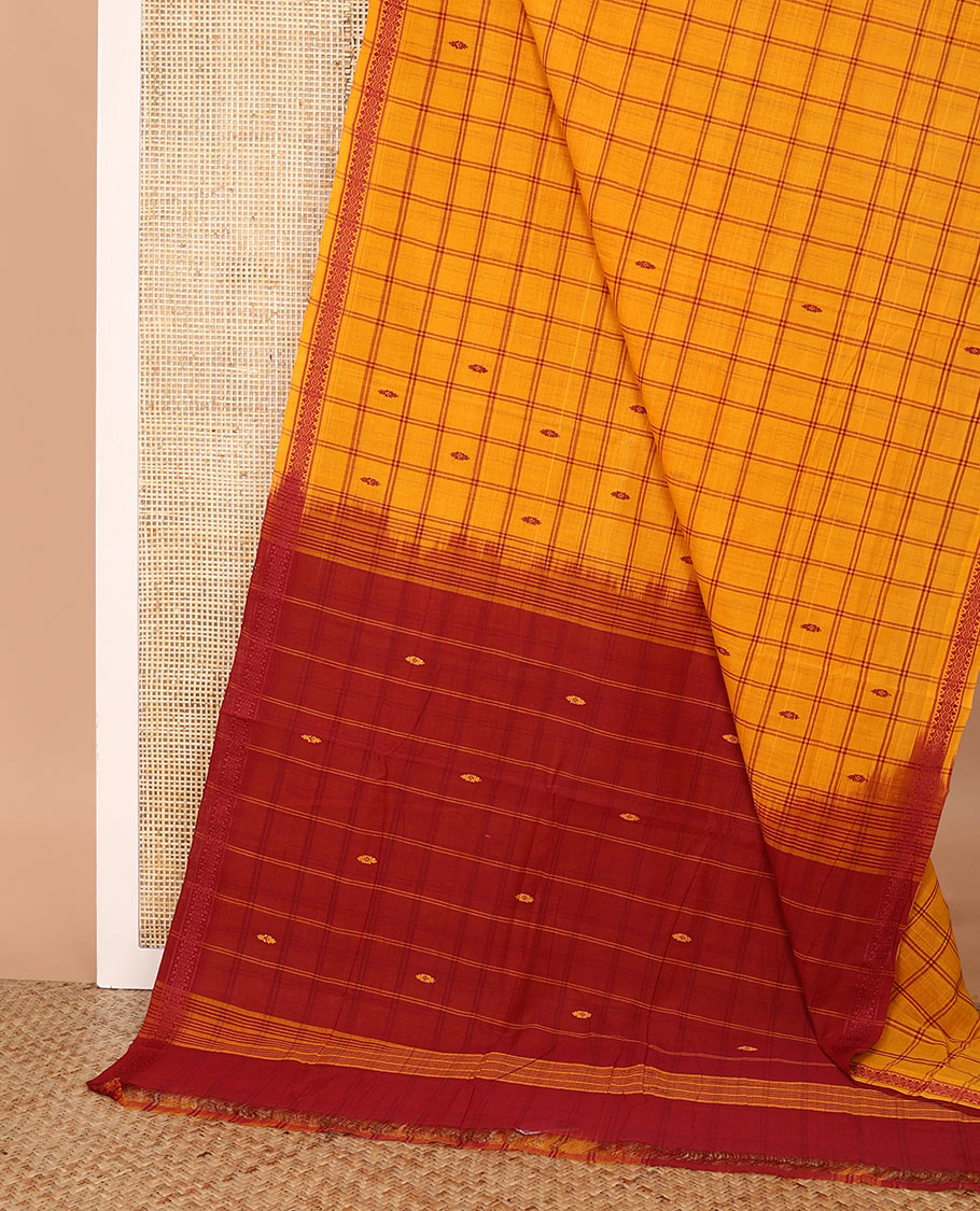 Orange buttas enclosed checked Andhra cotton saree, thread woven border, and pallu of stripes and buttas