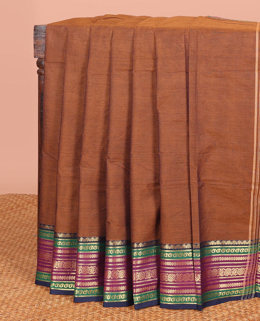Brown Plain Chettinad Cotton Saree, Complemented by a Contrast Traditional Zari Design Woven Border, and a Pallu of Stripes