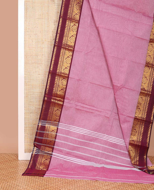 Pink plain Chettinad cotton saree, contrast rettai pettu traditional zari border, and pallu of stripes