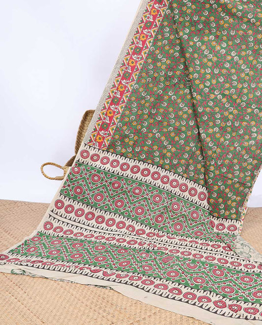 Green floral machine-printed kalamkari cotton saree, contrast temple & chevron border & intricate pallu