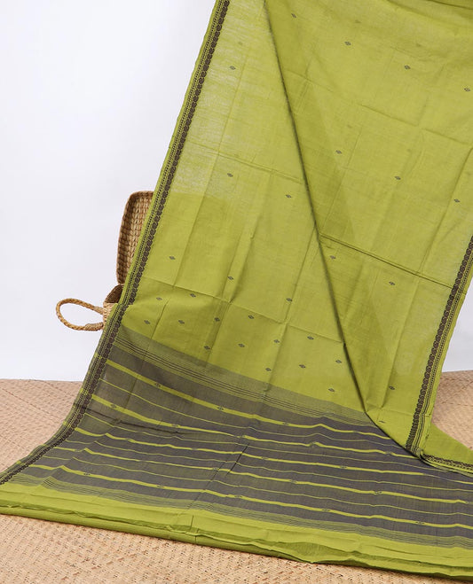 Green buttas Andhra cotton saree, self-border & striped pallu 