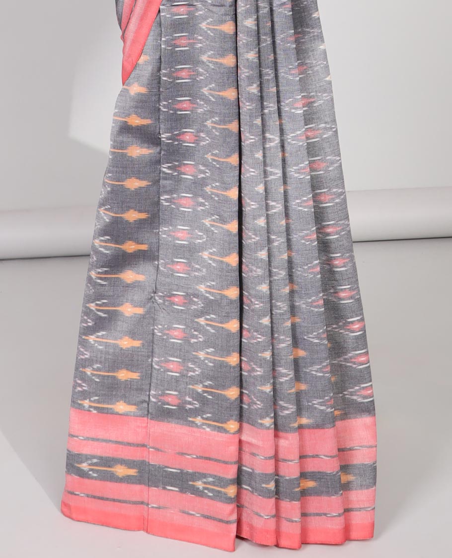 Grey ikkat cotton saree with intricate butta , contrast striped border & gemonetric design pallu