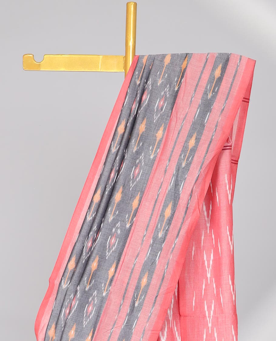 Grey ikkat cotton saree with intricate butta , contrast striped border & gemonetric design pallu