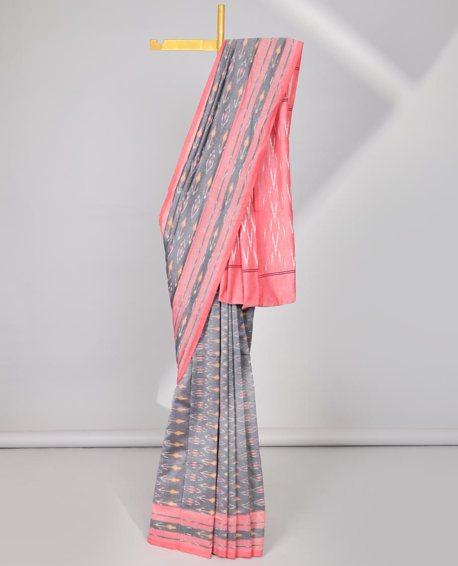 Grey ikkat cotton saree with intricate butta , contrast striped border & gemonetric design pallu