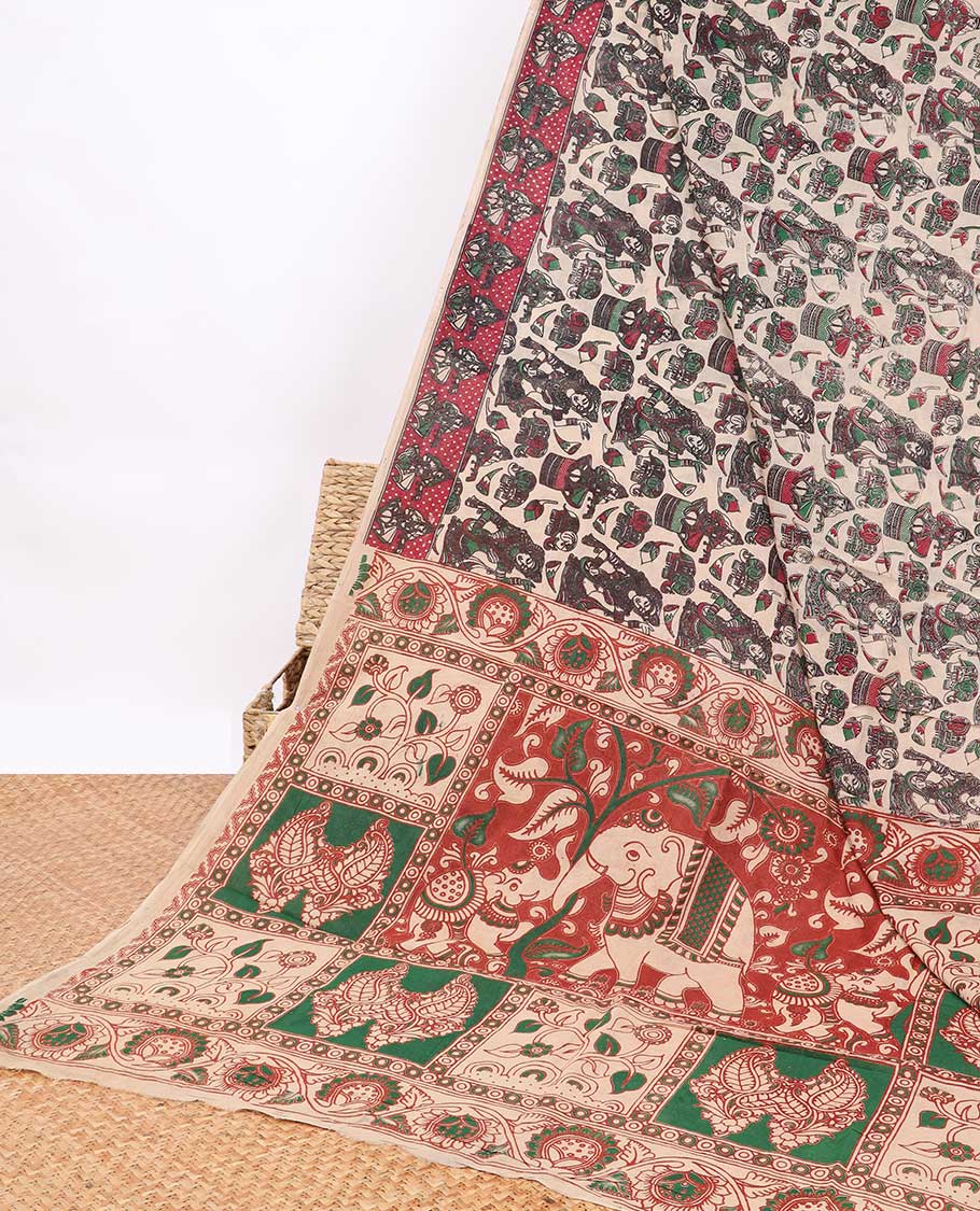 Cream human motifs machine-printed kalamkari cotton saree contrast border & intricate design pallu