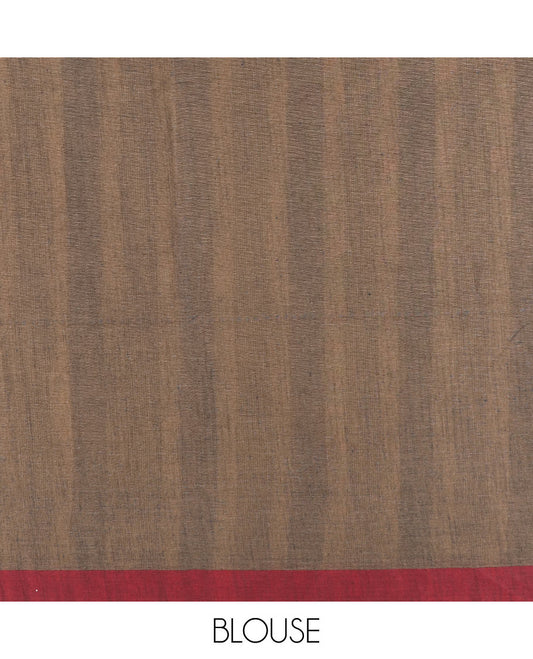 Brown and sandal striped jute cotton saree, contrast striped border, and striped pallu