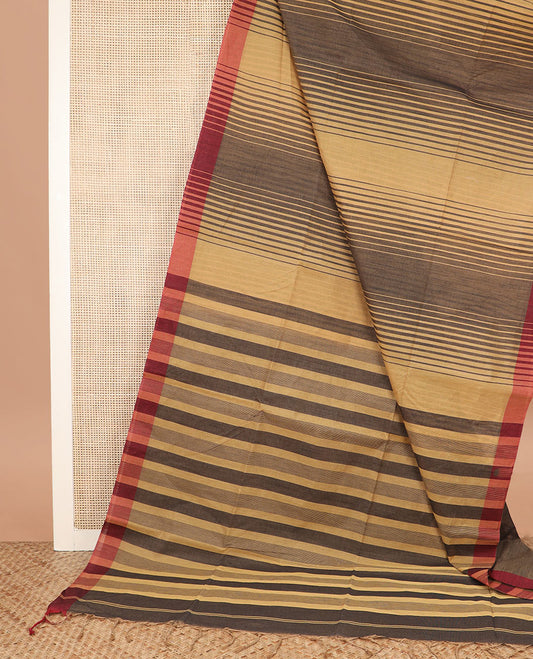 Brown and sandal striped jute cotton saree, contrast striped border, and striped pallu