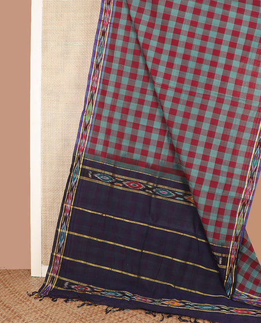Multi-color checked mixed cotton saree, contrast ikkat border, and striped pallu