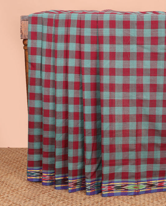 Multi-color checked mixed cotton saree, contrast ikkat border, and striped pallu