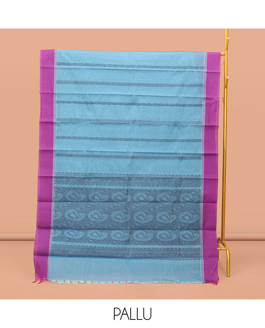 Blue Kanchi Cotton Saree, Elevated with Floral Creeper Designs, Contrast Border, Pallu of Paisley Design, and a Matching Blouse