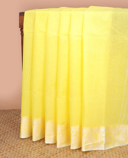 Lemon yellow bengal cotton saree with self border of floral zari design & striped pallu