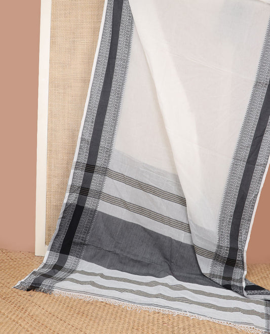 Pure white plain design Kadhi cotton saree, traditional design thread woven grey border & striped pallu