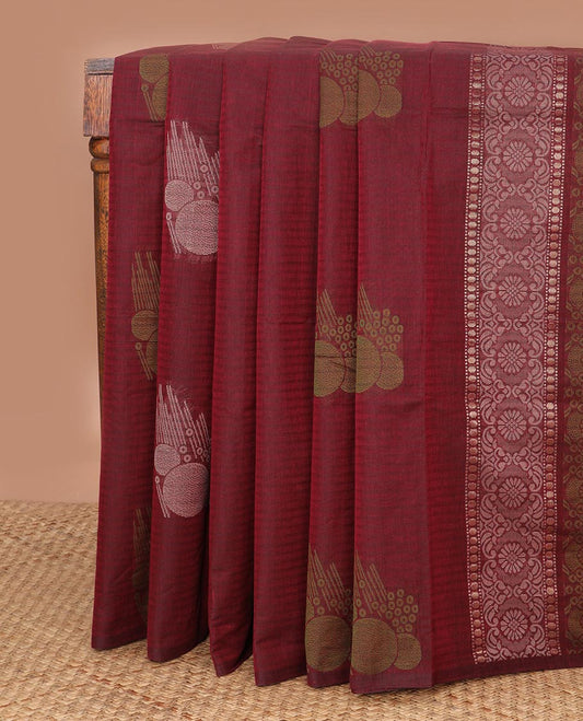 Borderless maroon striped & unique buttas Coimbatore cotton saree, self-pallu of jaal designs