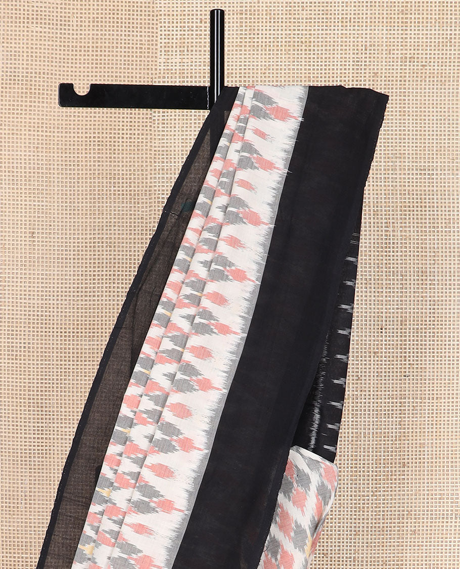 Cream-base multi-color jaal-patterned ikkat cotton saree, contrast plain border & chevron striped pallu