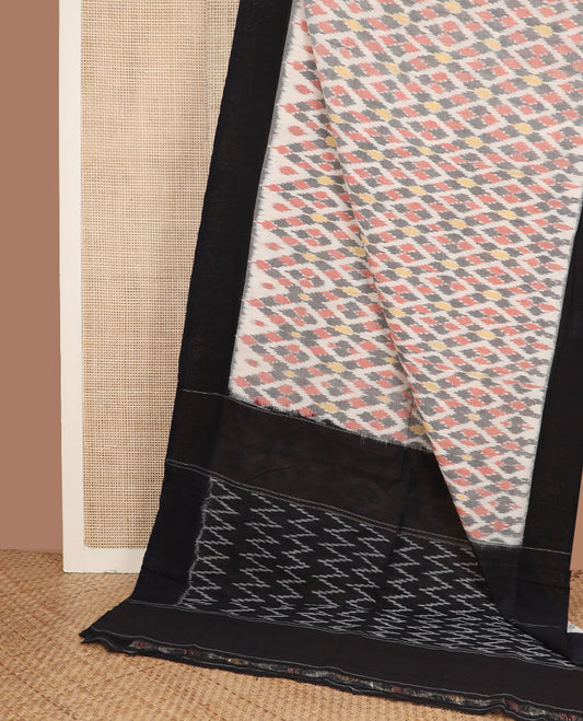 Cream-base multi-color jaal-patterned ikkat cotton saree, contrast plain border & chevron striped pallu