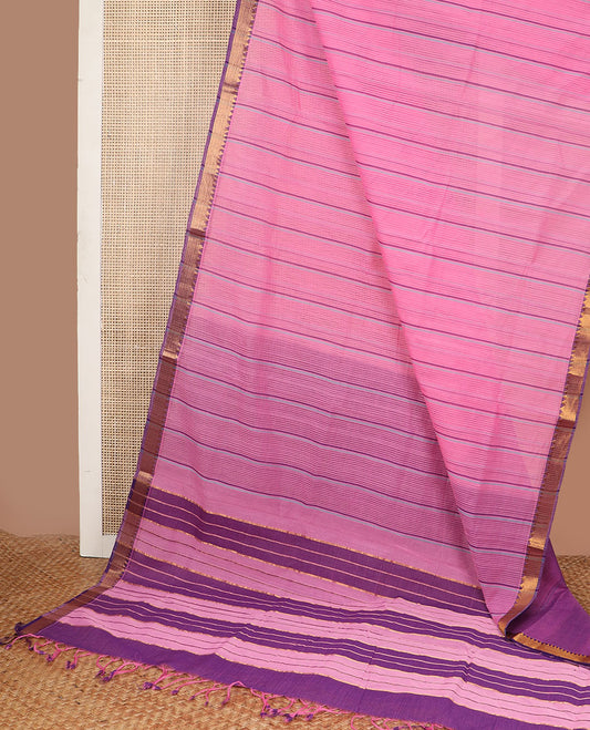 Pink striped vankatagiri cotton saree with contrast zari design border & pallu of stripes