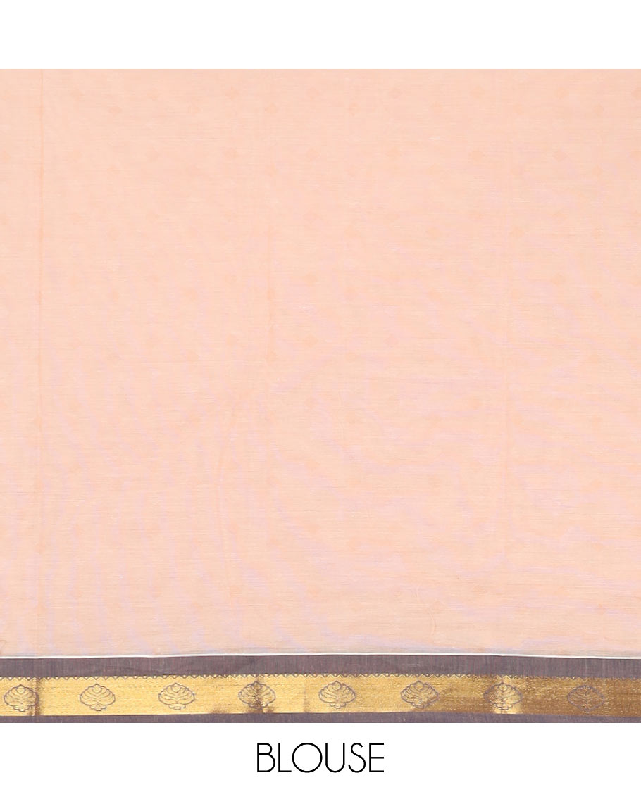 Sandal dotted and buttas kanchi cotton saree, contrast zari border, and unqiue motif pallu