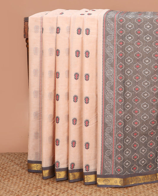 Sandal dotted and buttas kanchi cotton saree, contrast zari border, and unqiue motif pallu