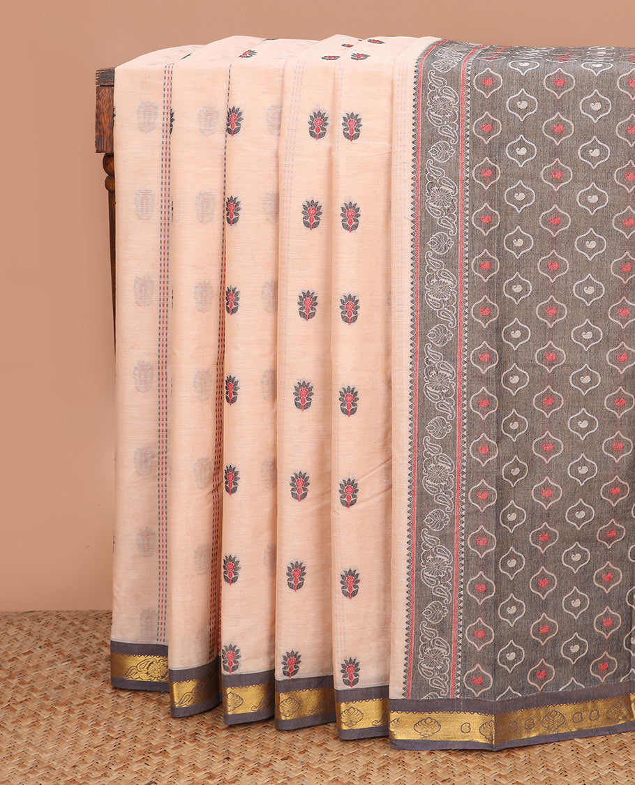 Sandal dotted and buttas kanchi cotton saree, contrast zari border, and unqiue motif pallu